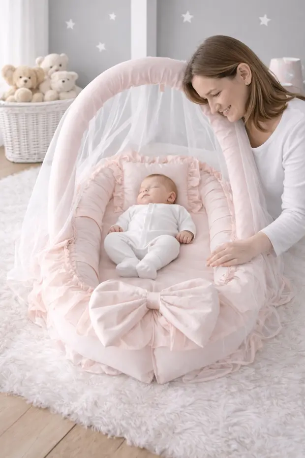 Somon Cibinlik Tüllü - Oyuncak Askılı Lüx Tasarım Fırfırlı Babynest - Güvenli Premium Jaju Babynest
